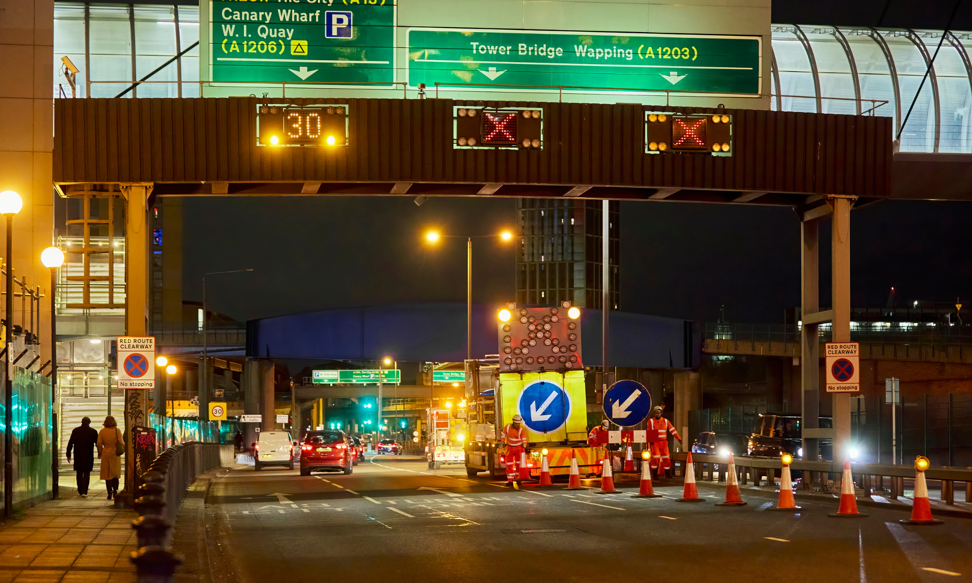 Night shot showing traffic management 